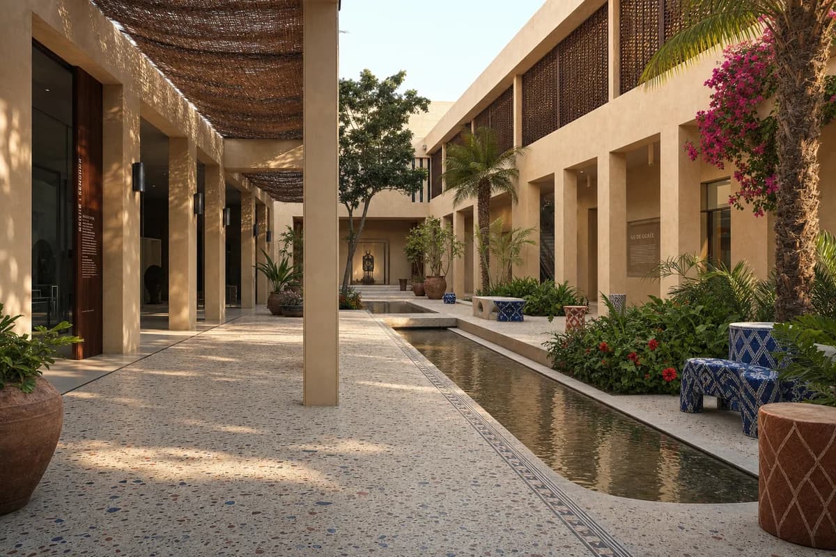 Warm colorful Dakar museum courtyard with sand masonry, ultramarine terrazzo, flowering planting, and deep shaded arcades.