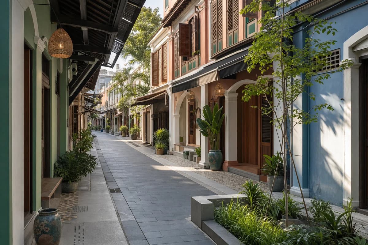 Warm colorful Penang market lane with jade and coral shophouses, patterned thresholds, shaded arcades, and tropical planting.