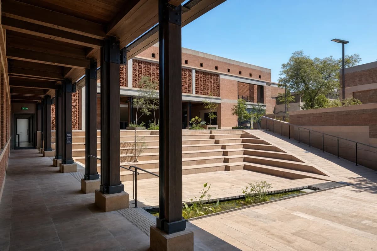 An unoccupied Ahmedabad civic step court sits in bright sun beneath a clear blue sky with crisp screen shadows.