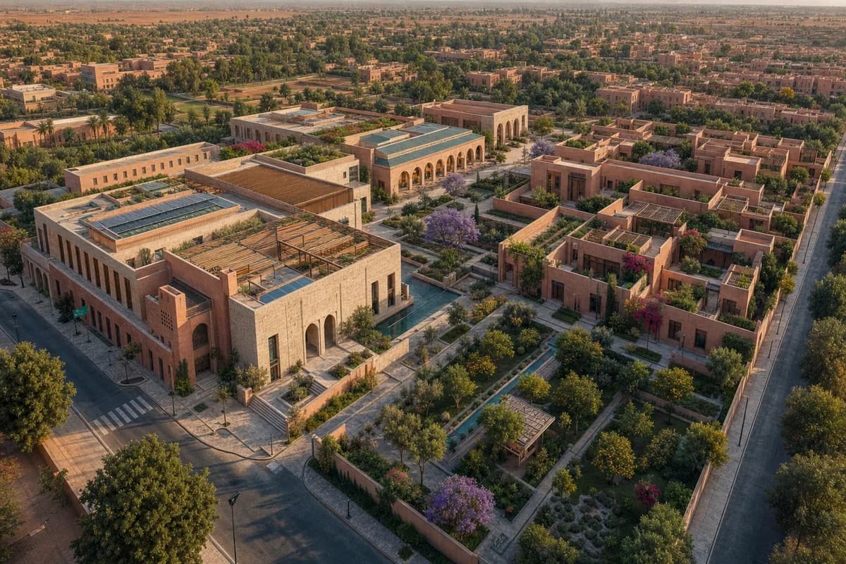 Warm aerial of a colorful Marrakech civic garden district with rose walls, turquoise accents, and lush shaded courts.
