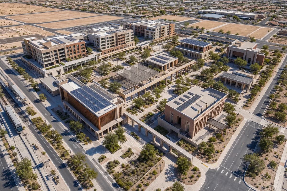 Bright sunny aerial of a Sonoran civic district under a clear blue sky with warm direct sunlight and crisp arcade shadows