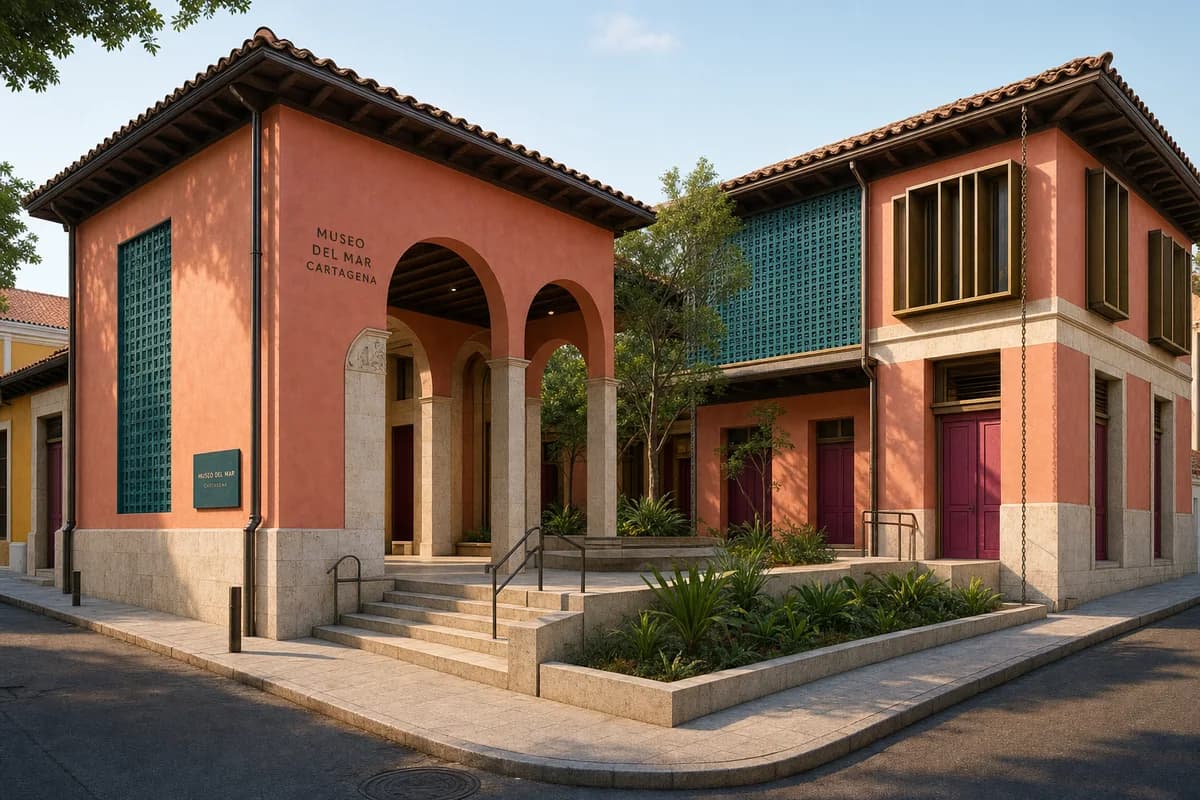 Unoccupied colorful Cartagena museum with coral stucco, teal screens, shell stone, and a warm shaded courtyard.