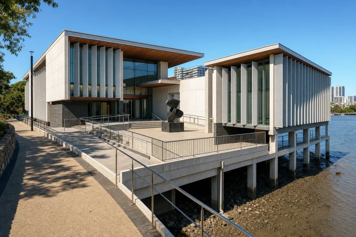 Unoccupied Brisbane river museum under a clear blue sky with bright direct sunlight and crisp pavilion shadows.