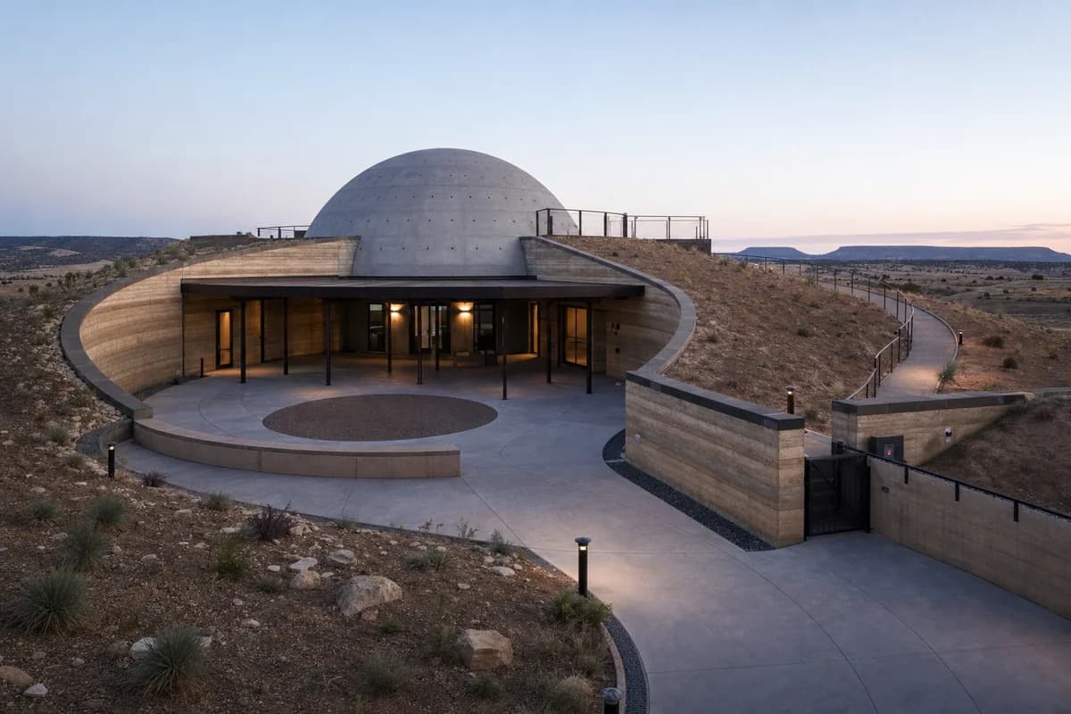 Rammed-earth berms enclosing a low planetarium at twilight.