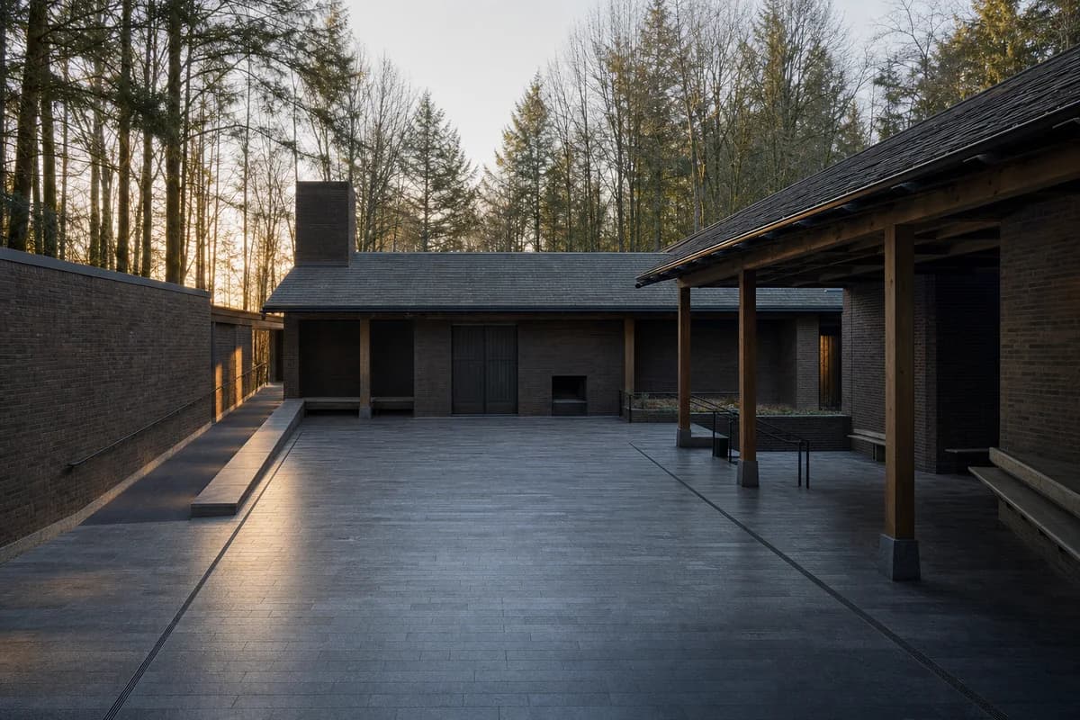Dark brick woodland crematorium court touched by first morning light.