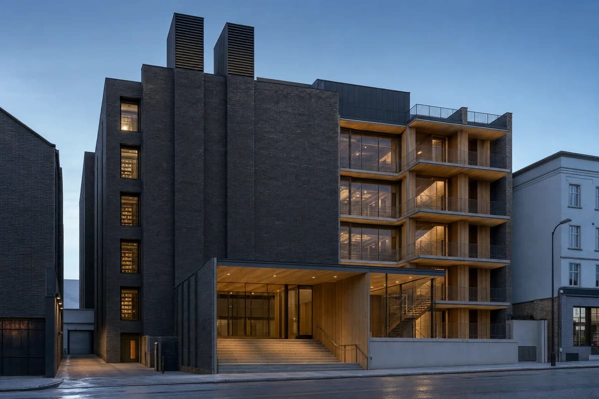 Dark film archive with a restrained timber-lit cinema foyer at blue hour.