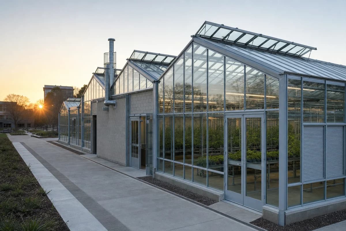 Research greenhouse condensation catching the first low sun.