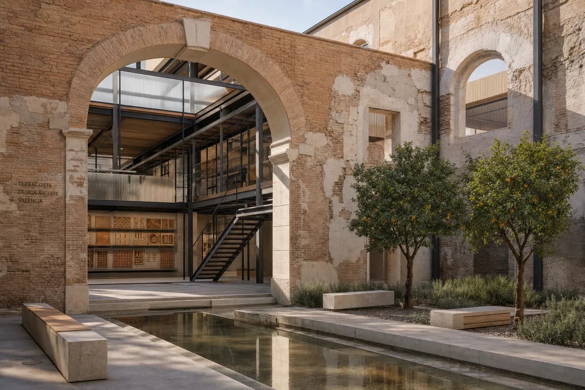 Unoccupied Valencia terracotta archive with a distinct steel frame behind repaired masonry.