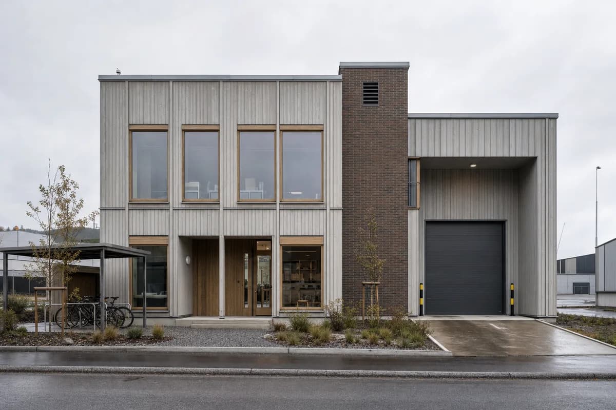Timber and brick design studio with deep thresholds and a rain-darkened gravel forecourt.