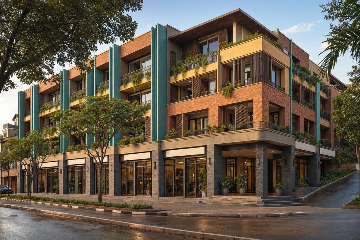 Unoccupied colorful Kigali mixed-use building with red brick, turquoise ceramic fins, and warm golden-hour shade.