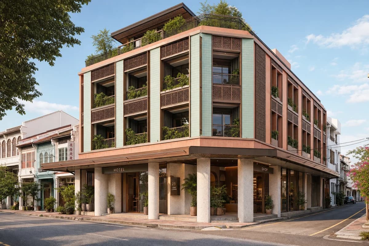 Unoccupied colorful Penang boutique corner with sea-green terracotta, coral render, and shaded verandas in warm afternoon light.