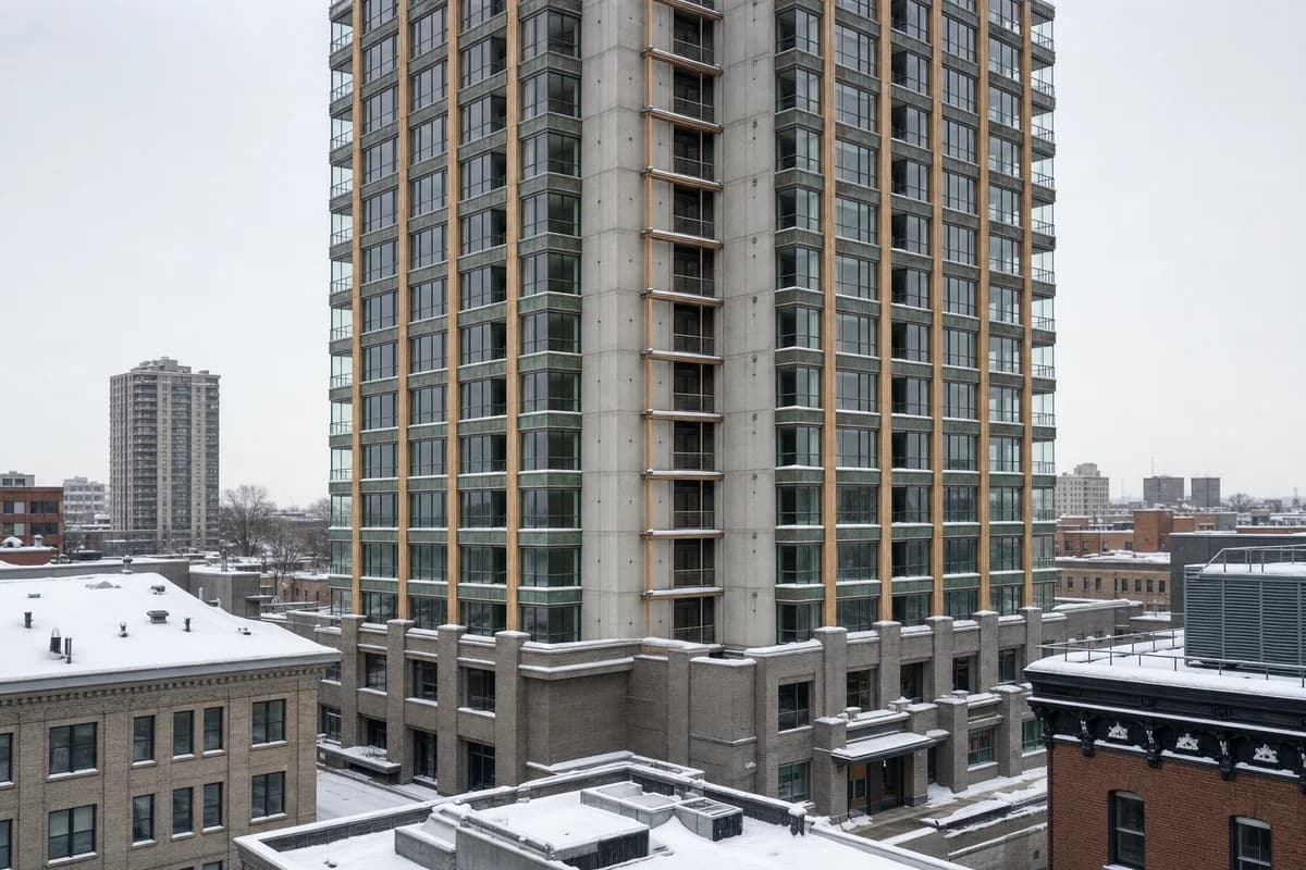 Timber-hybrid housing tower with copper spandrels after snowfall.