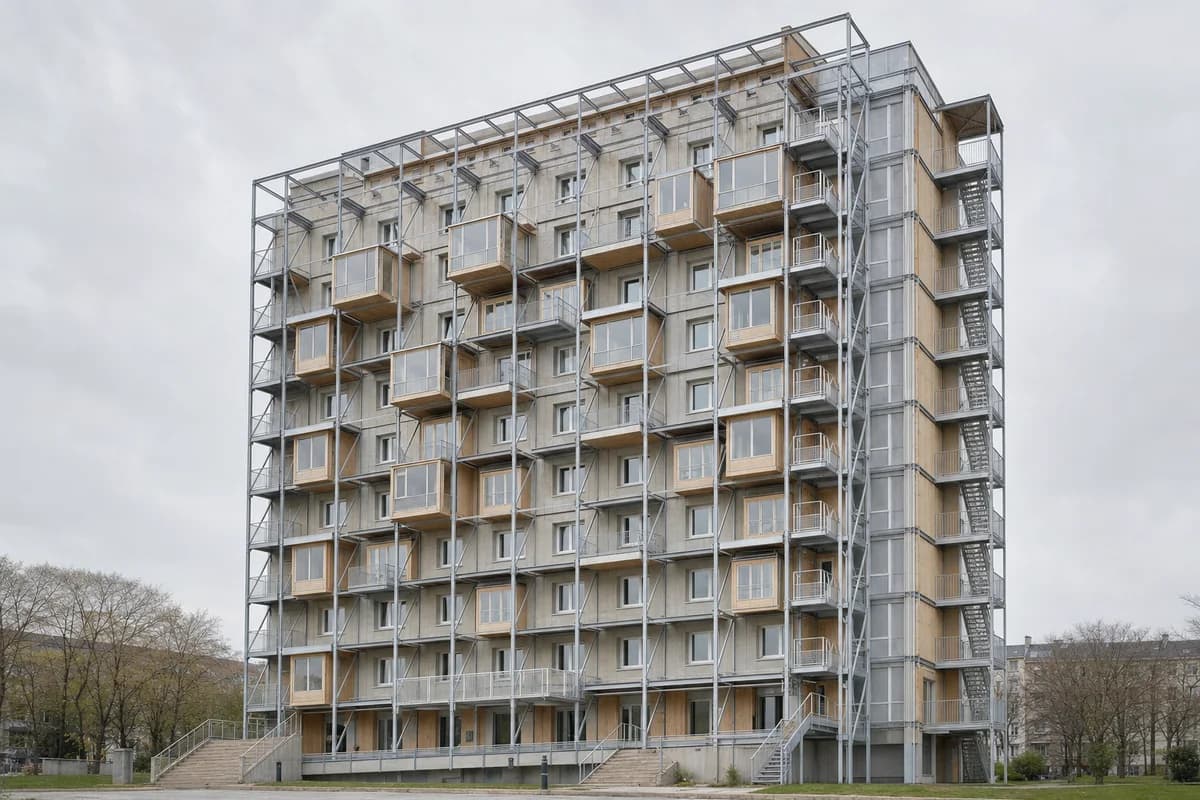 Timber room exoskeleton added to a retained concrete apartment slab.