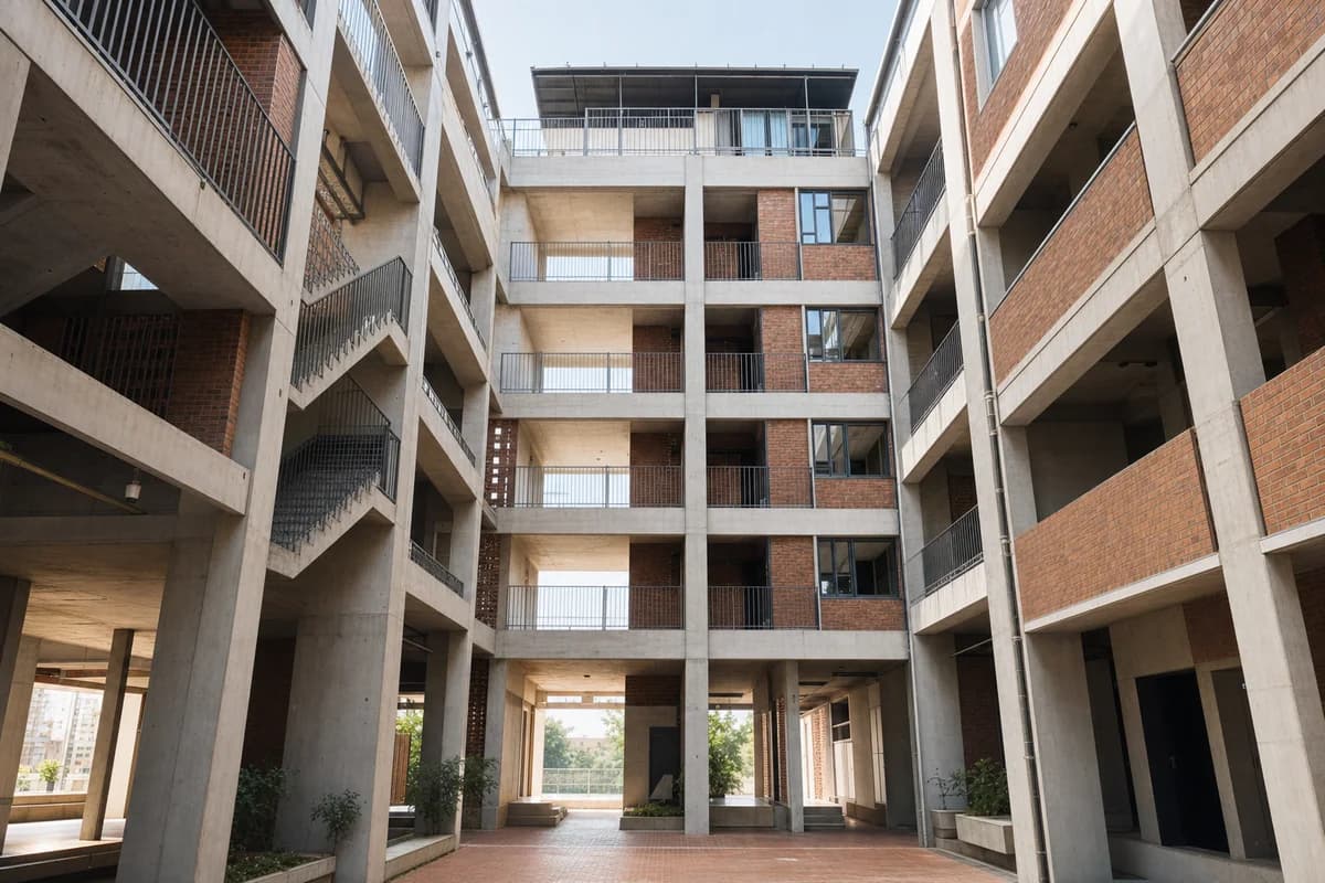 Brick courts stacked through a shaded urban social-housing block.