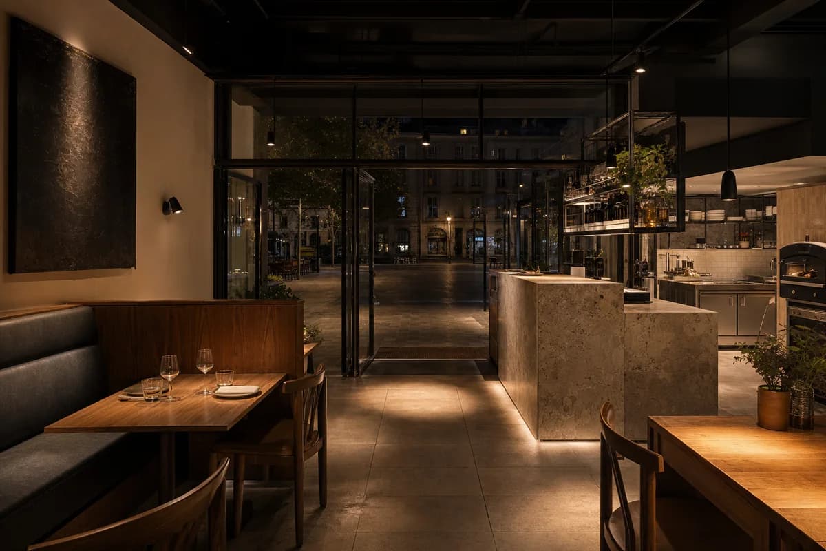 Unoccupied dark restaurant with restrained table lighting and an empty kitchen pass.
