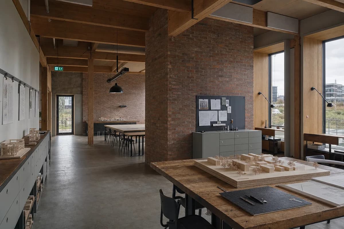 Unoccupied timber and brick studio commons with model tables under soft north light.