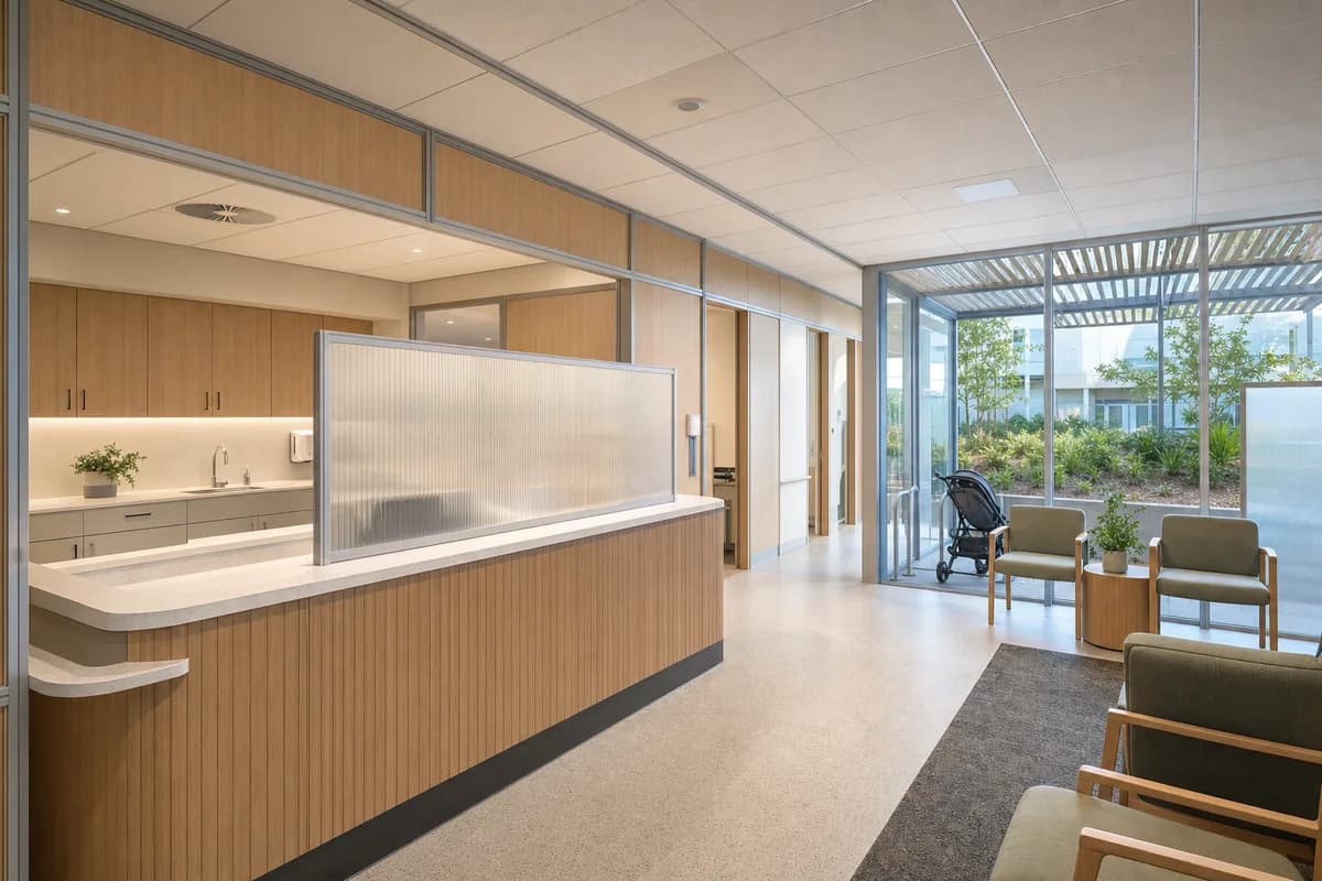 Unoccupied modular clinic reception with translucent privacy screens and a planted court.