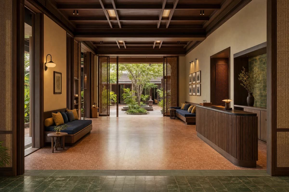 Unoccupied colorful Chiang Mai boutique-hotel lobby with teak screens, celadon tile, and warm courtyard light.