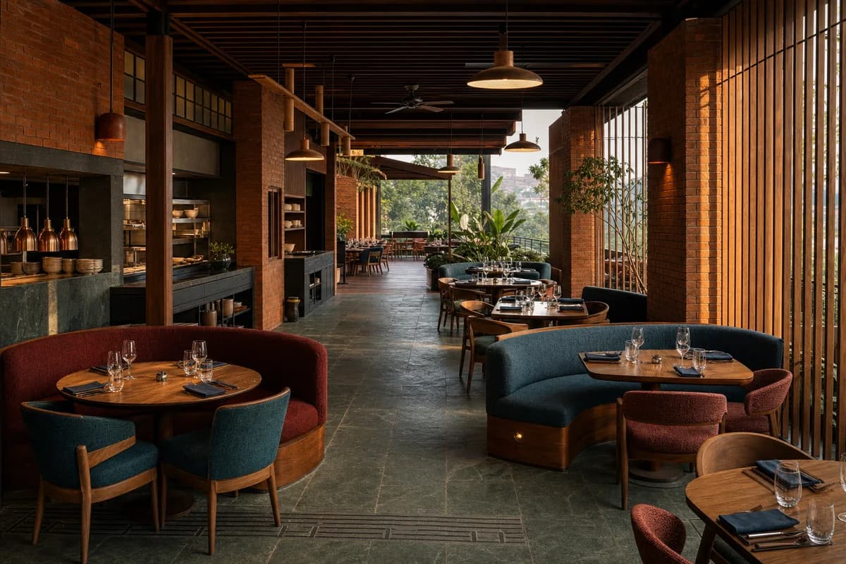 Unoccupied colorful Kigali restaurant with russet brick, green stone, woven upholstery, and warm terrace light.