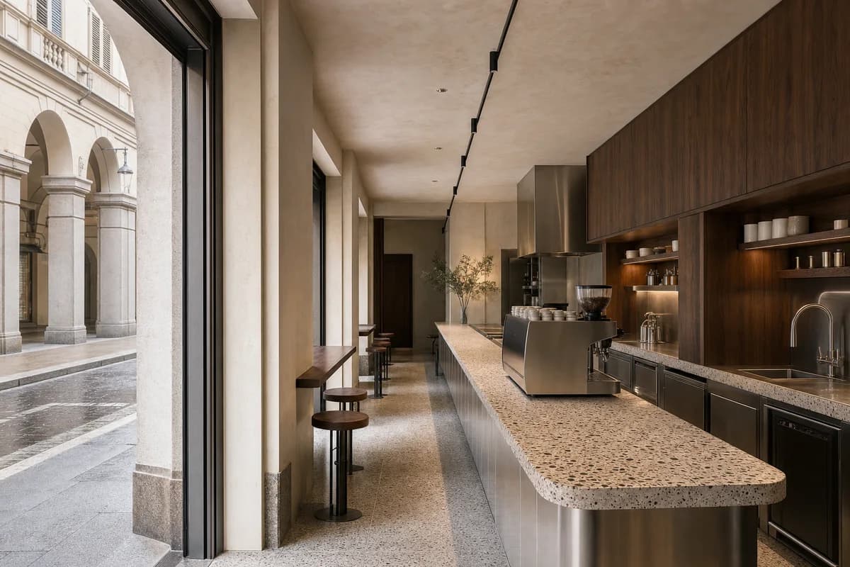 Arcade Espresso Room, standing espresso bar organized by a narrow counter extending the rhythm of a street arcade.