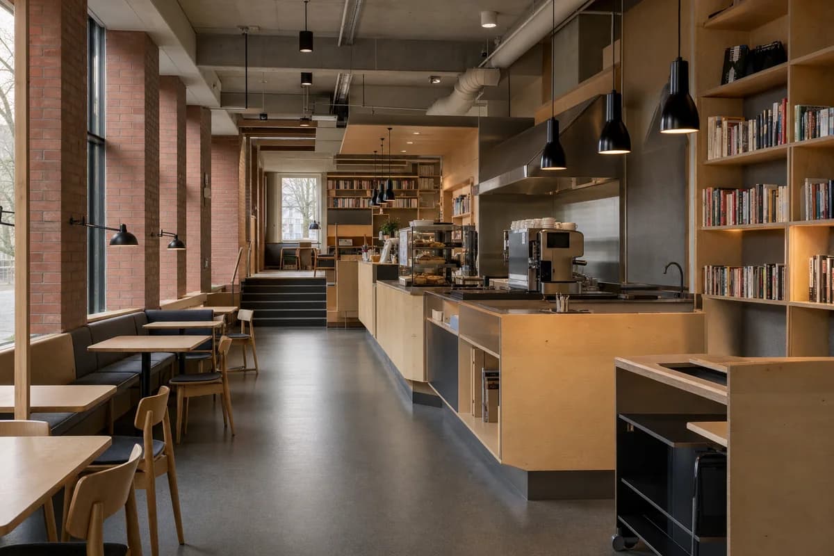Northlight Reading Cafe, book cafe organized by shelving and seating aligned to deep north-facing bays.