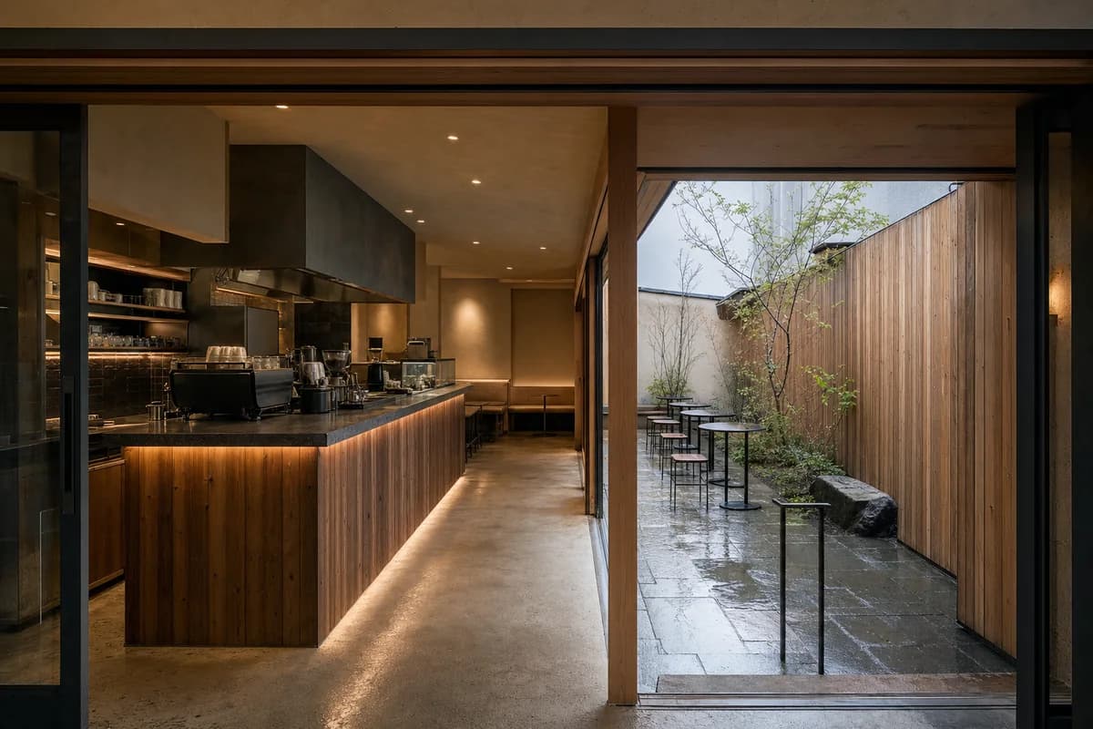 Rain-Court Coffee House, courtyard cafe organized by a service bar mediating the enclosed room and narrow rain court.