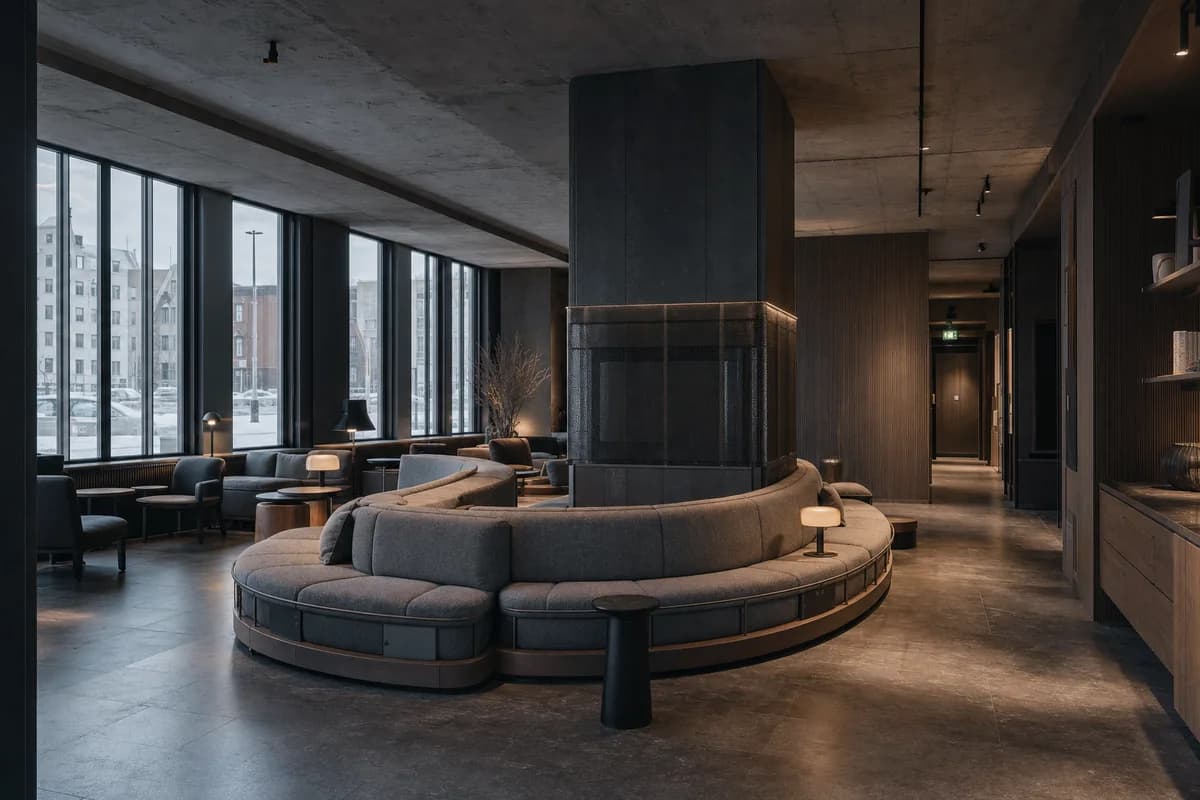 Basalt Conversation Arc, furniture shaping hotel lounge with a segmented sofa.