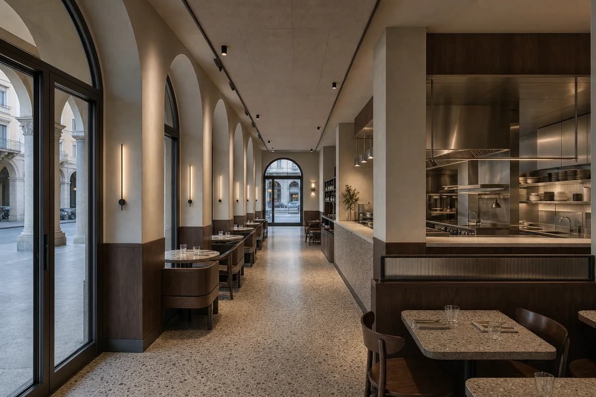 Arcade Supper Room, neighborhood trattoria organized by dining bays following a street arcade structural rhythm.