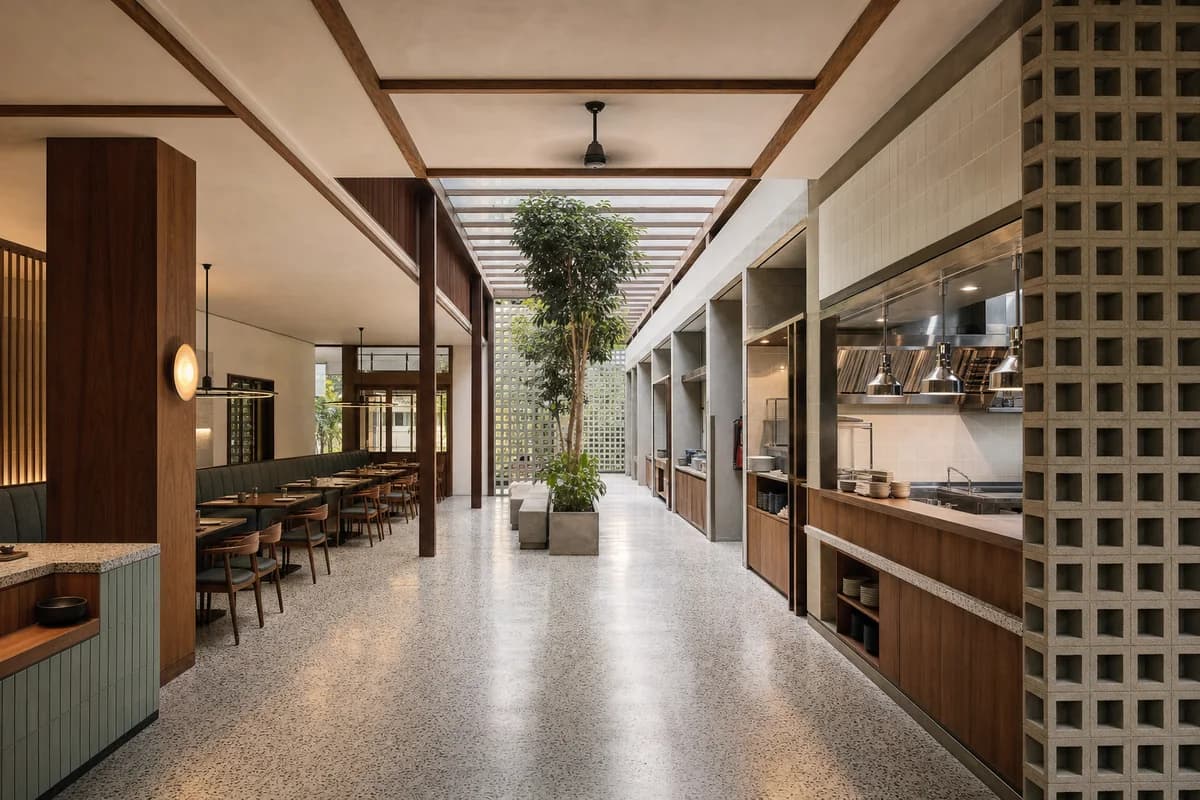Breezeway Rice Kitchen, family restaurant organized by dining and service rooms flanking a ventilated shaded spine.