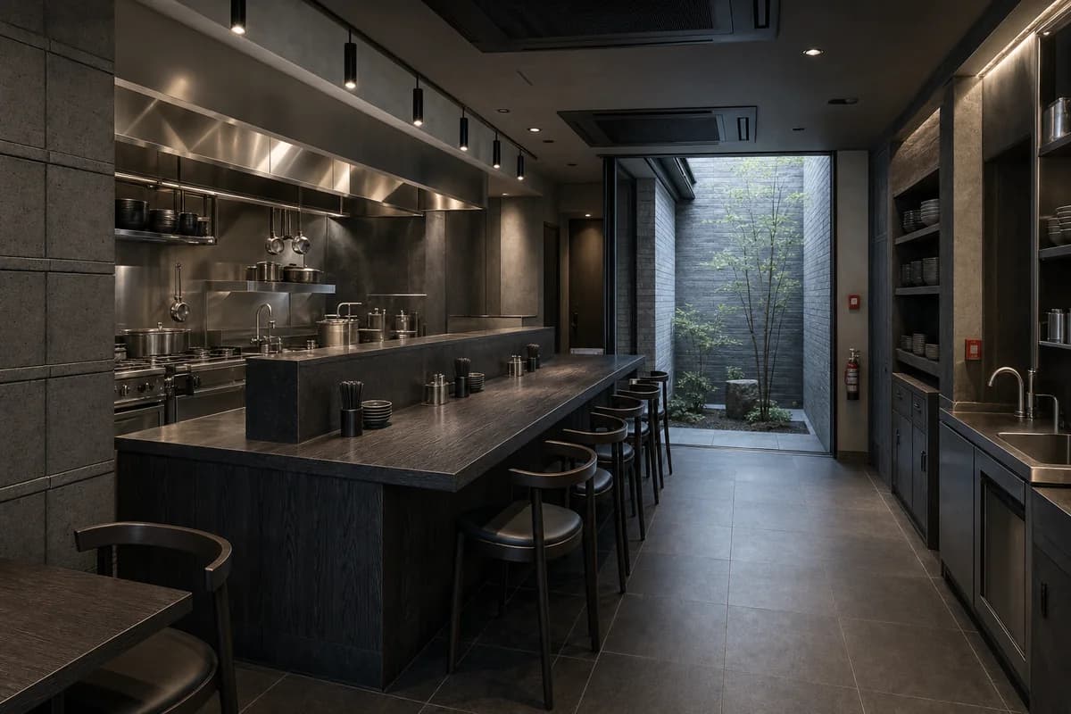 Rain-Court Noodle Room, compact noodle restaurant organized by a square rain court occupying the rear-right quadrant, a perpendicular open kitchen along the left wall, and a freestanding dining island between them.