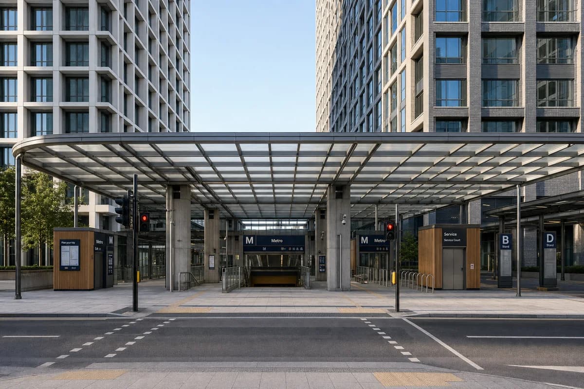 Unoccupied modular metro and bus interchange beneath city towers.
