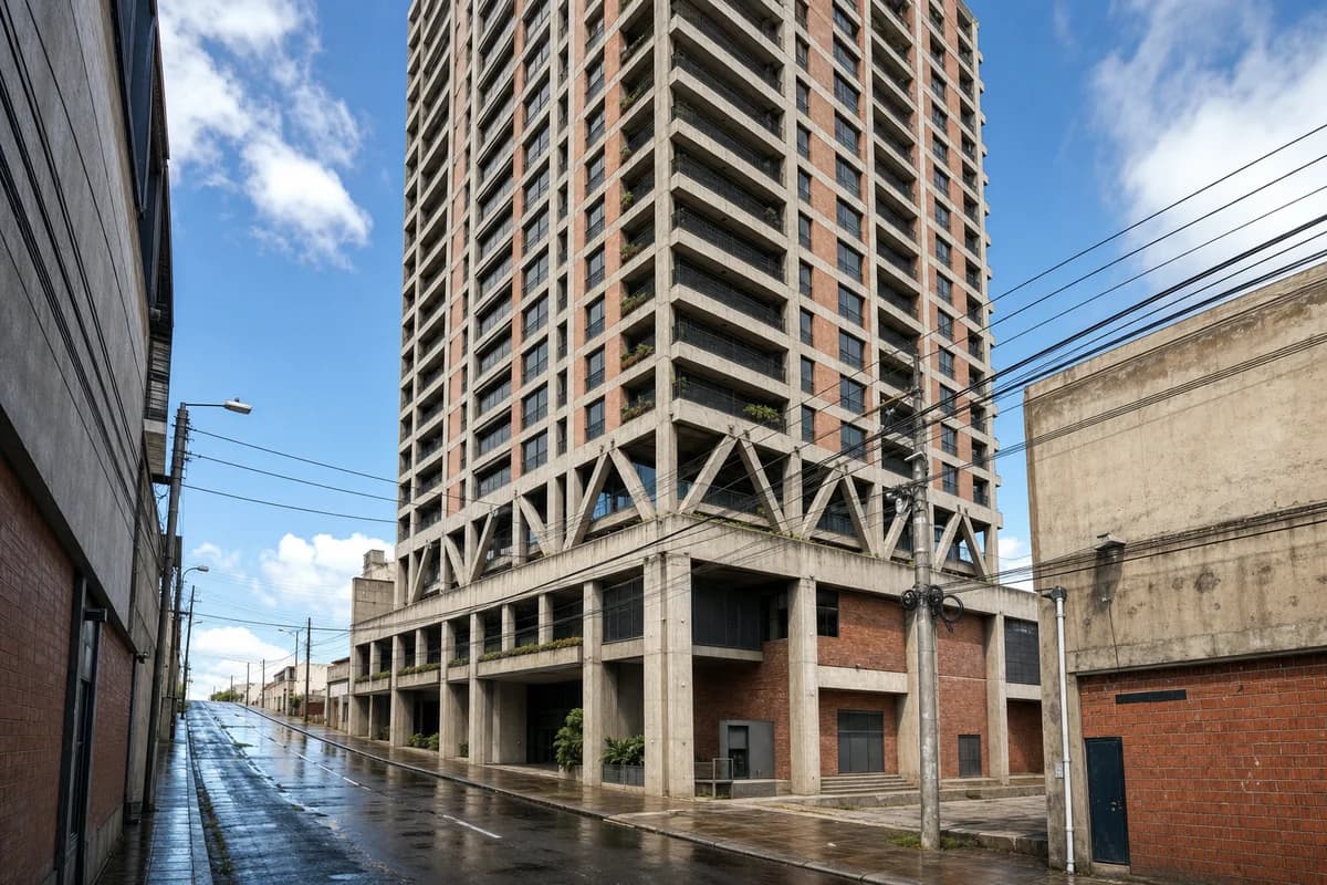 Expressed concrete and brick office tower on a wet sloping avenue.