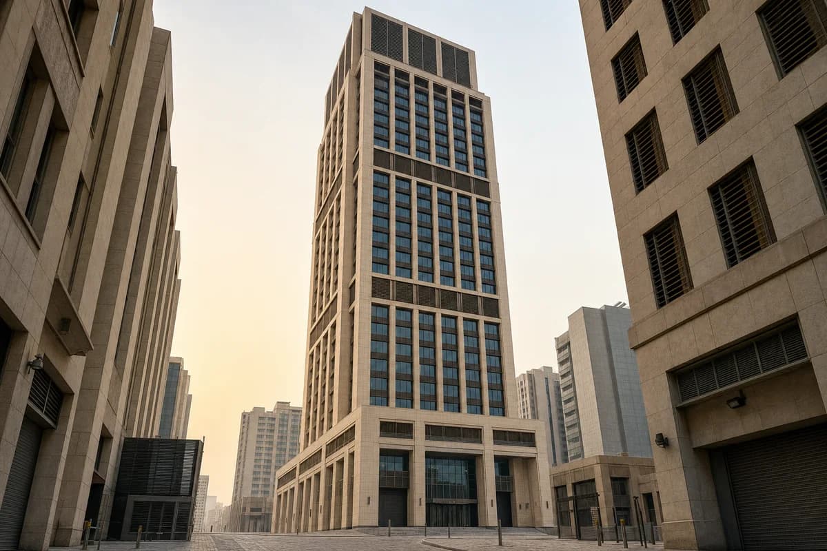 Thirty-four-storey limestone civic-office tower with bronze screens and expressed refuge floors at hazy dawn.