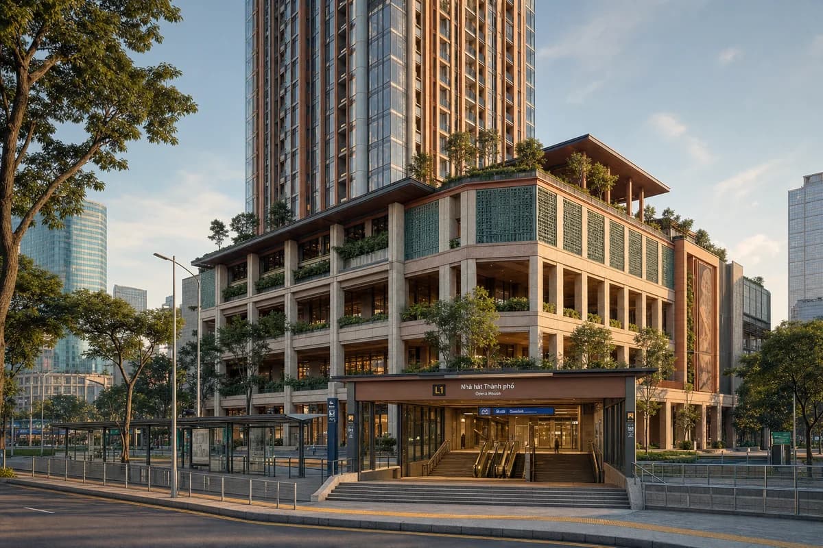 Unoccupied colorful Ho Chi Minh City metro tower with terracotta fins and jade screens in warm golden-hour light.