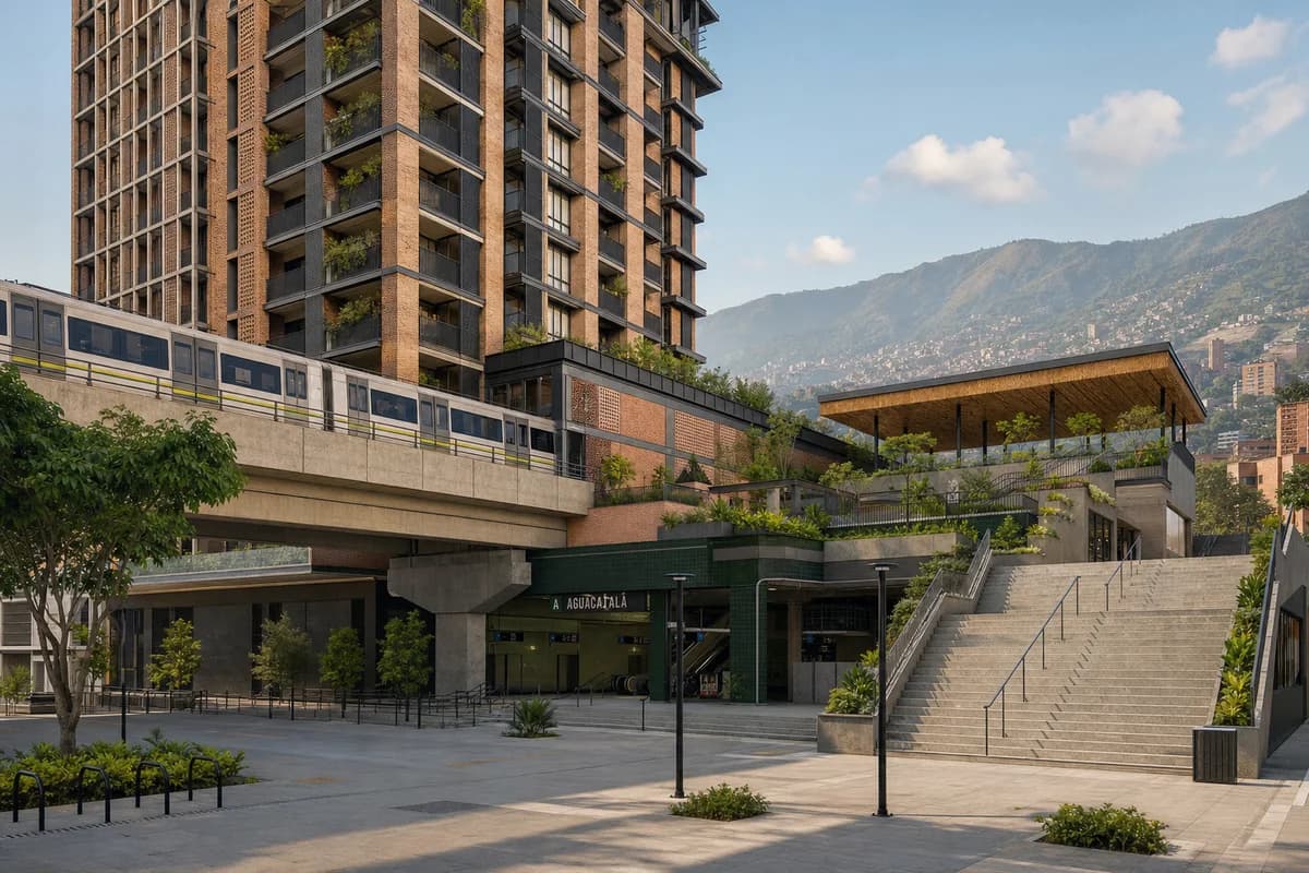 Unoccupied colorful Medellín station block with rich brick, guava plaster, and green ceramic in warm morning light.