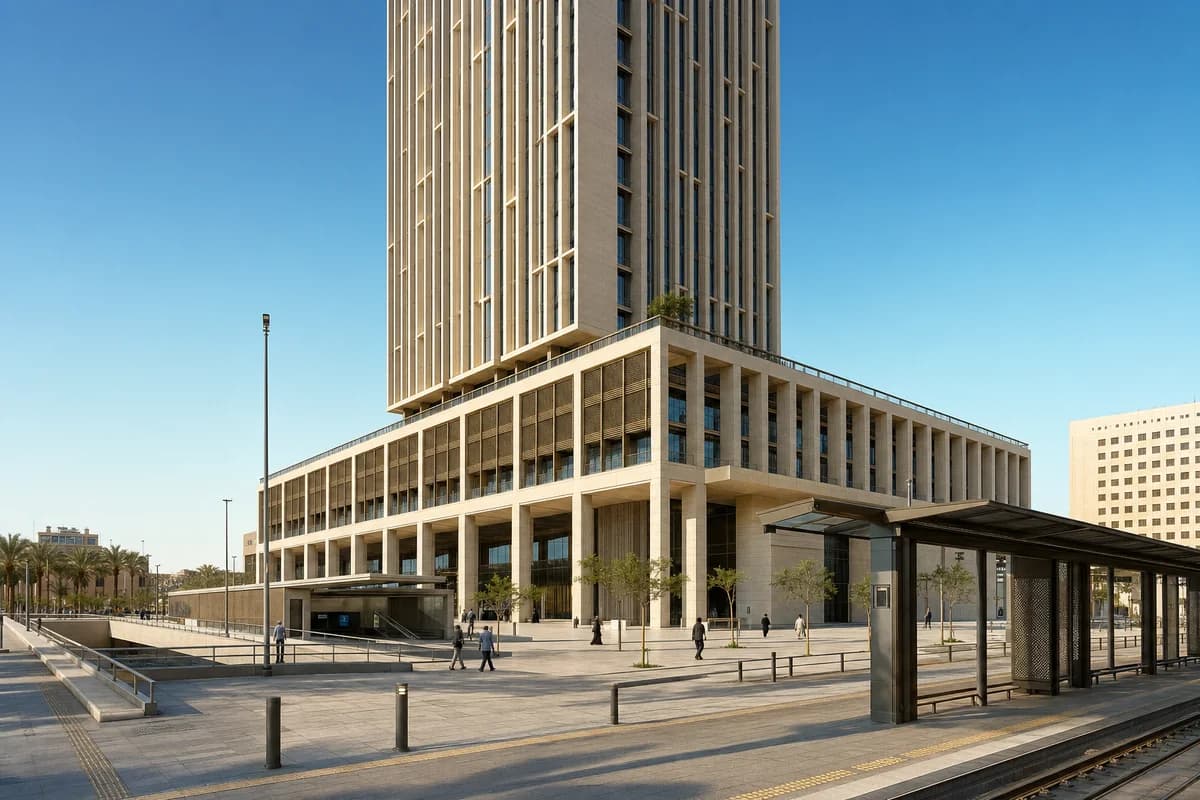 Unoccupied Riyadh metro plaza tower under a clear blue sky with bright direct sunlight and crisp podium shadows.