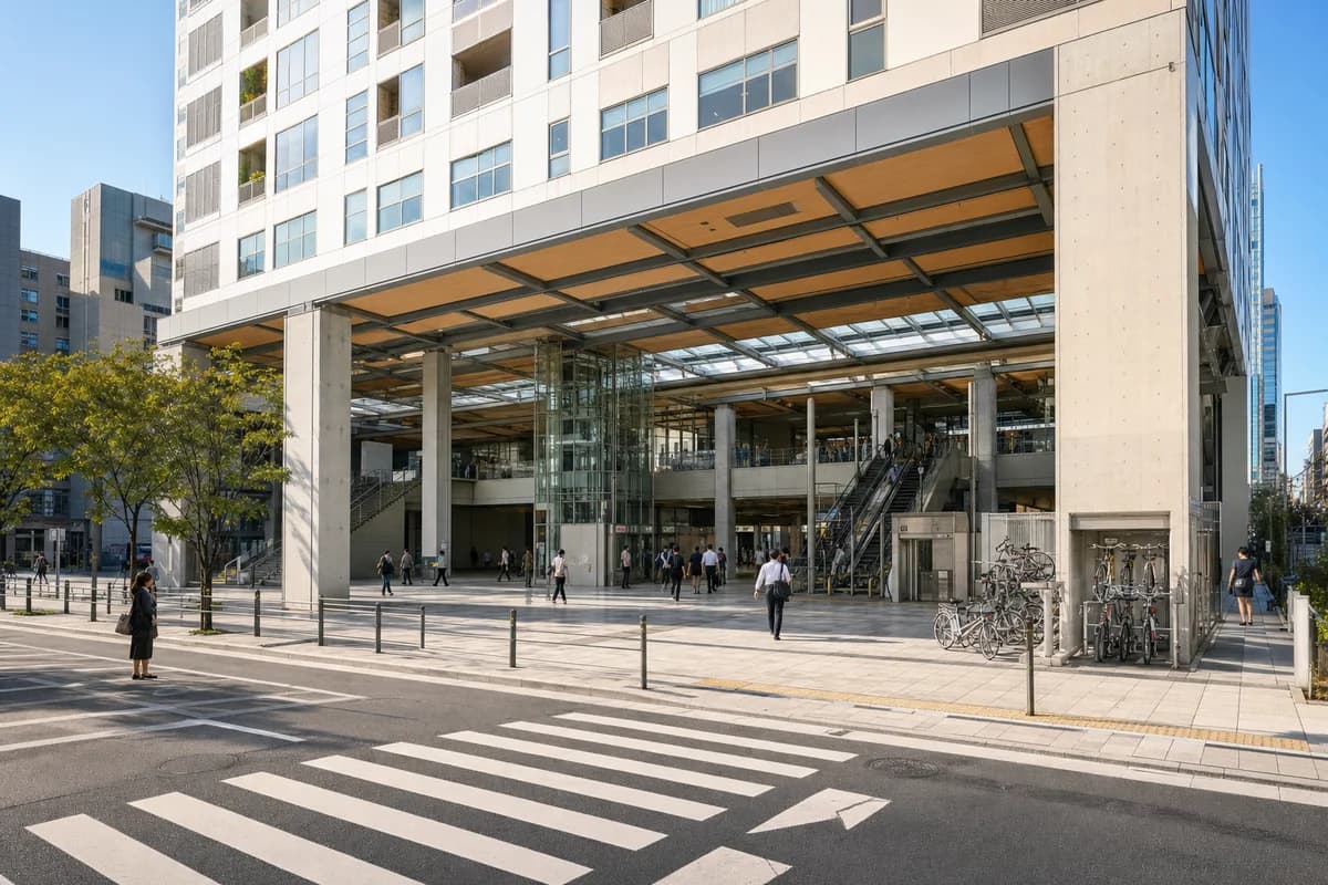 Unoccupied Seoul metro hall beneath a clear blue sky in bright direct sunlight with crisp canopy shadows.