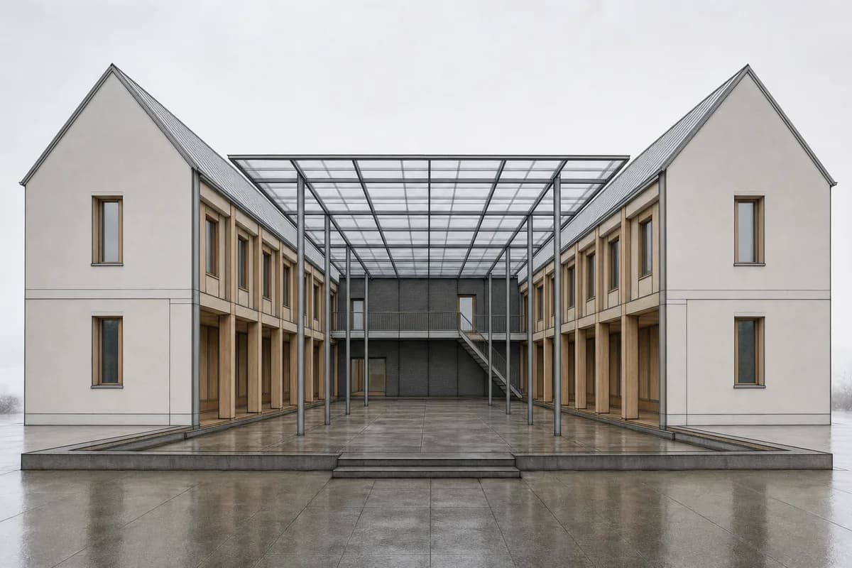 Timber and brick canopy library matching the source perspective exactly