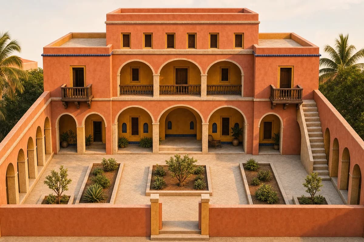 Colorful Cartagena music house with coral plaster and cobalt tile preserving the source clay model exactly