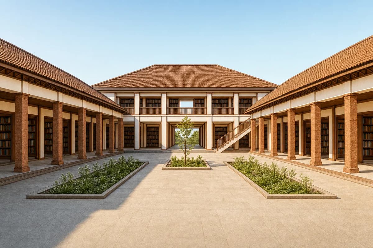 Bright sunny Kerala courtyard library preserving the source sketch exactly