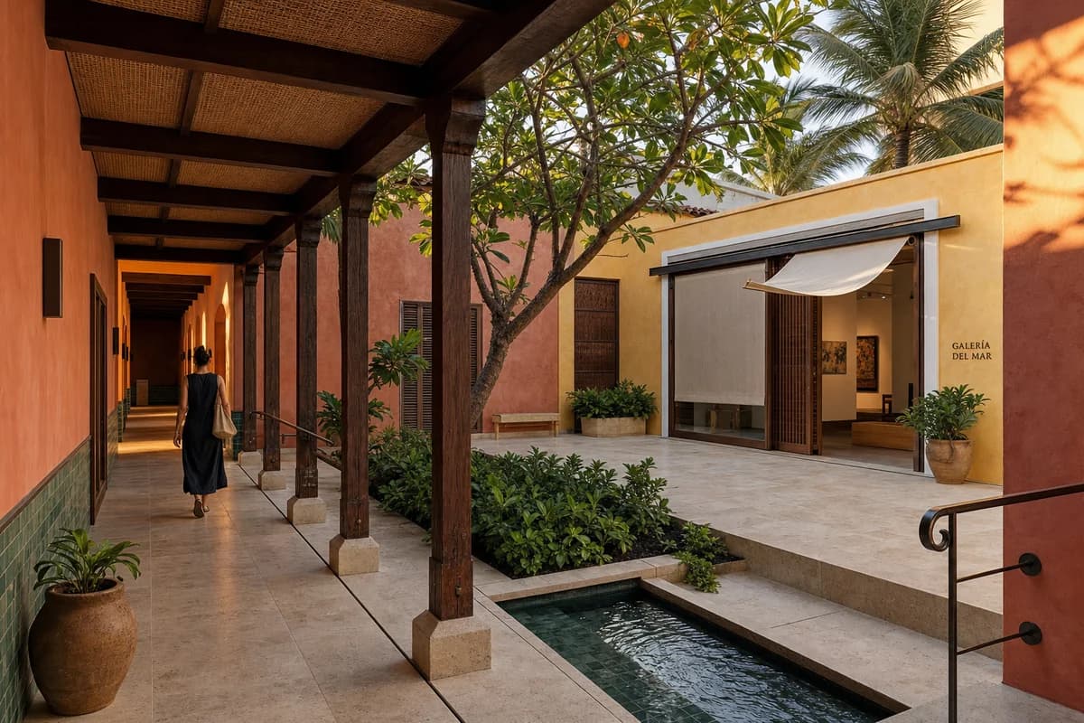 One visitor crosses a colorful Cartagena gallery court as a gentle breeze moves leaves and linen in warm golden-hour light.