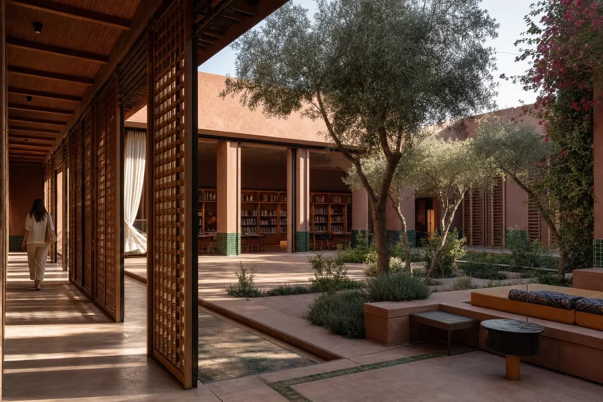 One visitor walks through a colorful Marrakech reading pavilion as warm light and a soft breeze animate the garden court.