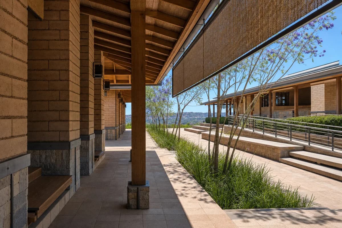 Warm direct sun and a gentle breeze animate an unoccupied Kigali civic pavilion beneath a clear blue sky.