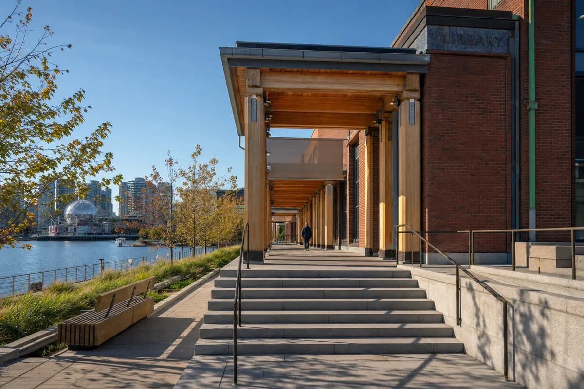 A single visitor crosses a bright Vancouver library terrace as a light breeze moves grasses beneath a clear blue sky.