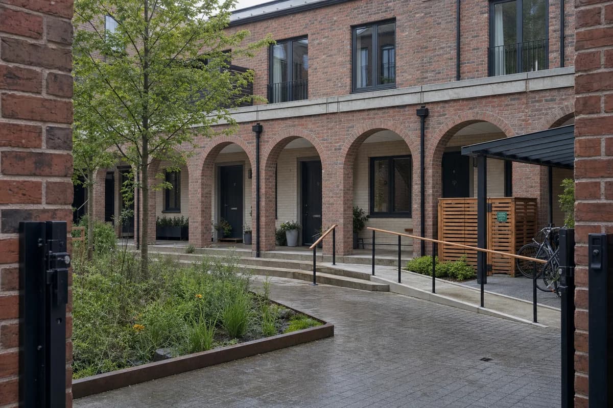 Unoccupied brick townhouses enclosing a planted shared court with steps and a flush ramp.