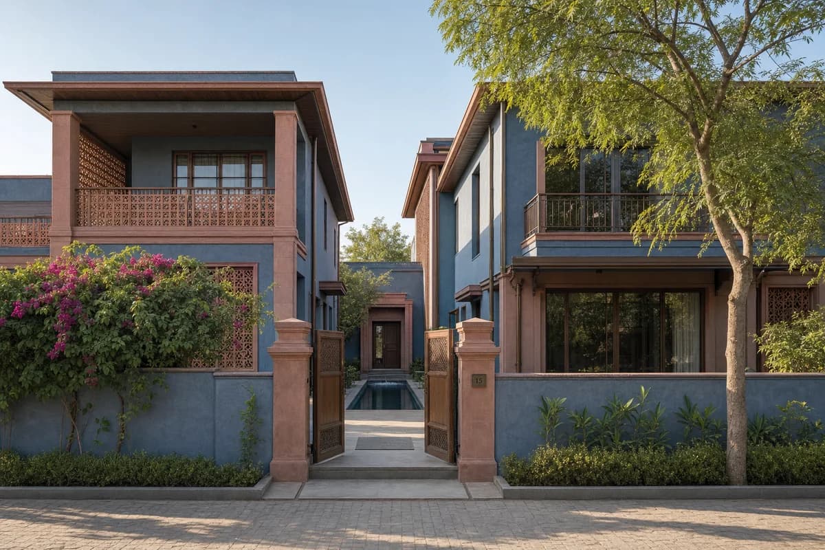 Unoccupied colorful Jaipur garden residence with rose sandstone, indigo plaster, and terracotta screens in warm morning light.