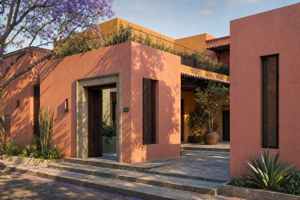 Unoccupied colorful Oaxaca courtyard residence in warm golden-hour light with coral lime plaster and green stone.