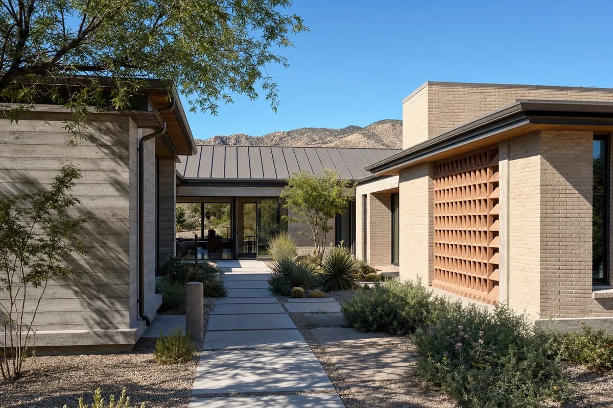 Unoccupied Sonoran courtyard house beneath a clear blue sky in bright direct sunlight with crisp shadows.