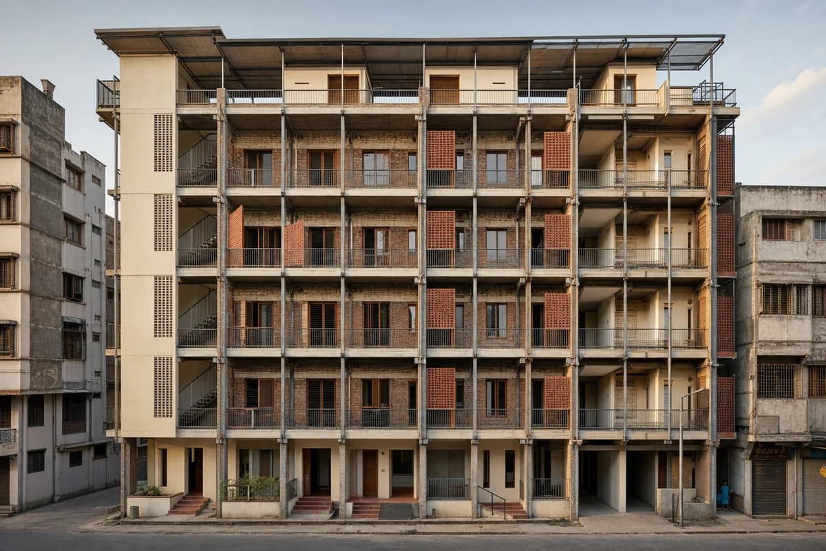 Shaded balcony retrofit layered over an existing Ahmedabad housing block.