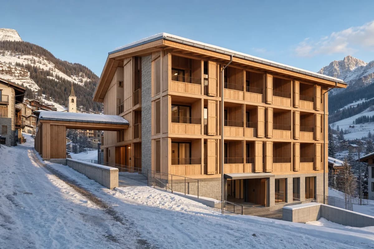 Compact timber co-living lodge around a stone core in late-winter snow.